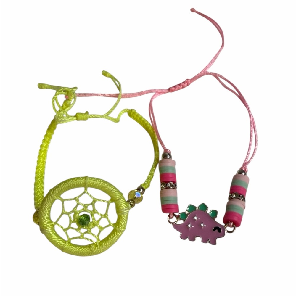 Kids Dreamcatcher and Dinosaur Adjustable Bracelet Set - Pink Yellow & Sparkles